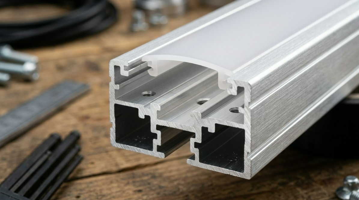 Photorealistic close-up of a high-quality aluminum-extruded LED T8 housing, displaying the slot designed precisely for a 10mm PCB strip, with a clean diffuse PC cover partially slid on.