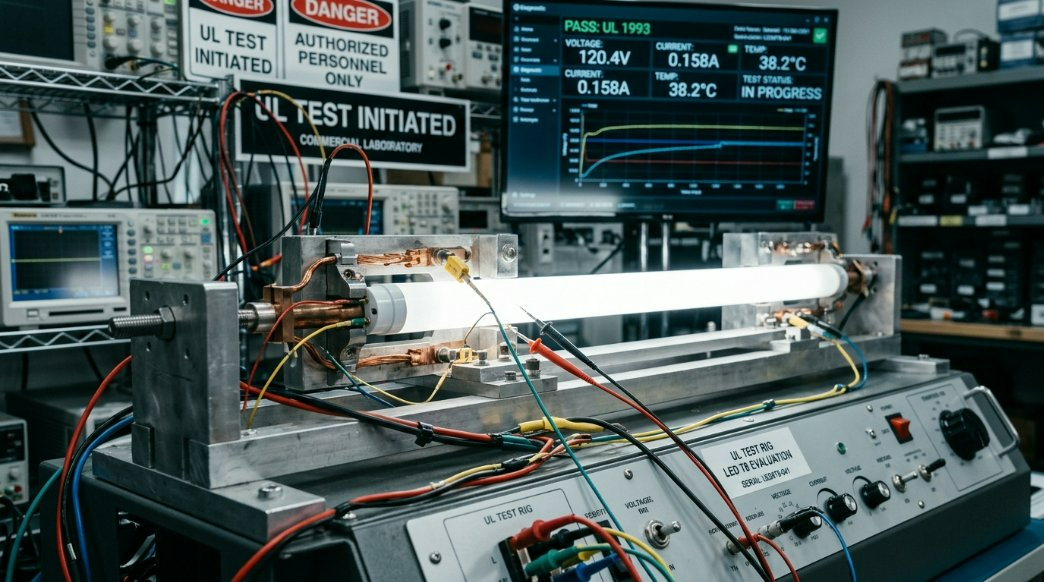 Commercial laboratory setup demonstrating safety testing of an LED T8 tube under UL testing conditions with clear metrics on a digital screen.